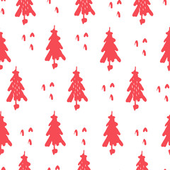 Hand draw pink trees on white background. Christmas seamless pattern for textile and wrapping. Vector.