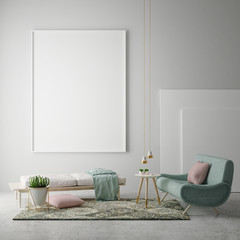 mock up blank poster on the wall of hipster living room, 3D rendering, 3D illustration