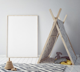 mock up poster frame in hipster room, scandinavian style interior background, 3D render, 3D illustration