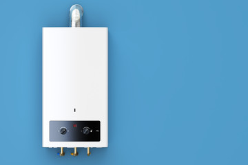 Poster - home gas boiler, water heater. 3d rendering isolated on blue bac
