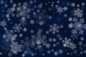 Wall Mural - White snowflakes on an abstract deep blue background