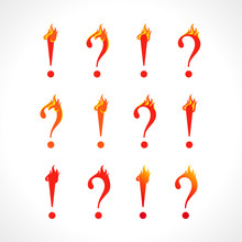 Question Mark And Eclamation Point Fire Sign. Set Of Hot Asking And Answer Icons. Help Flamy Symbol. Vector Discussion Or Support Logo Concept. Isolated Abstract Graphic Design Template.