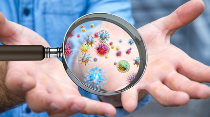Poster - Close up on a sick man hand through magnifying glass transmittin