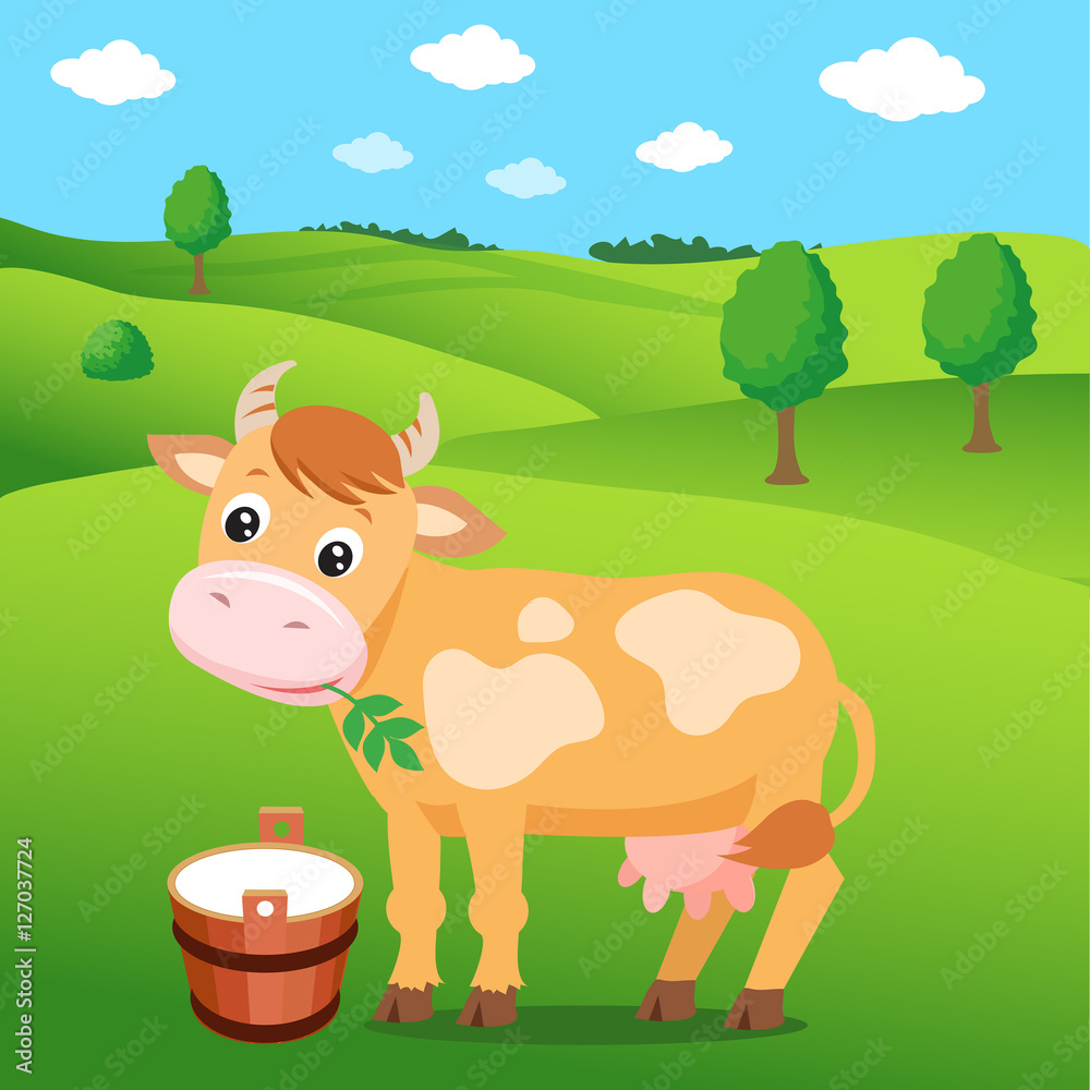 Cartoon Cow In The Green Meadow And A Bucket Of Milk. Background For ...