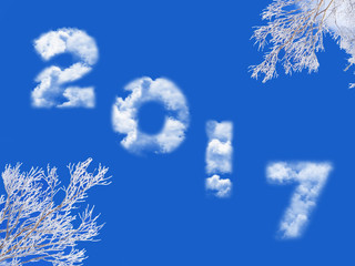Wall Mural - 2017 written with clouds, blue sky and snowy tree branches