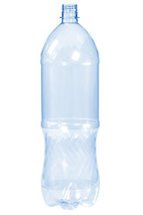 New, clean, empty plastic bottle blue color on white background