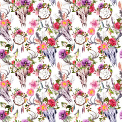 Wall Mural - Deer skulls, flowers, dream catchers - dreamcatcher. Seamless pattern. Watercolor