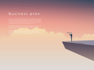 Businessman standing on a cliff above clouds with monocular. Business concept of leadership, plan, space for your text.