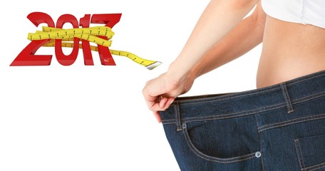 Poster - Composite image of woman belly in too big pants
