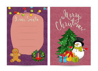Wall Mural - Winter holidays greeting card. Snowman with wrapped gifts, Christmas tree, gingerbread cookie man, wreath, candle, garland cartoon vectors. Merry Christmas and Happy New Year concept. Xmas celebrating