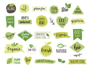 bio, ecology, organic logos and icons, labels, tags. hand drawn bio healthy food badges, set of raw,
