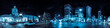 Night skyline of Warsaw with soviet era Palace of Culture and science and modern skyscrapers. 360 degree panoramic montage from 20 images
