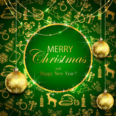 Merry Christmas on green background with golden decoration and b