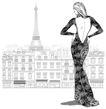Fashion Woman Model In A Beautiful Dress On Paris City Backgroun