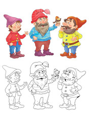 Wall Mural - Snow White and seven dwarfs. Fairy tale. Illustration for children. Coloring book. Cute dwarfs isolated on white background. Cartoon characters.