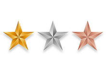 Set Of Gold, Silver And Bronze Medals With Stars. Vector