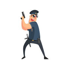 Sticker - Policeman In American Cop Uniform With Truncheon, Radio, Gun Holster And Sunglasses Holding The Pistol