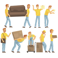 Delivery And Moving Company Employees Carrying Heavy Objects, Delivering Shipments And Helping With Resettlement Set OF Illustrations