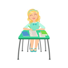 Sticker - Schoolgirl Sitting Behind The Desk In School Class Ticking Boxes In Test Paper Illustration, Part Of Scholars Studying Vector Collection.