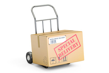 Special delivery concept. Cardboard box on hand truck, 3D render