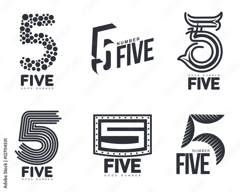 Set of black and white number five logo templates, vector illustrations isolated on white background. Black and white graphic number five logo templates - technical, organic, abstract - obrazy, fototapety, plakaty 