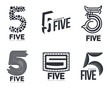 © sabelskaya - Set of black and white number five logo templates, vector illustrations isolated on white background. Black and white graphic number five logo templates - technical, organic, abstract