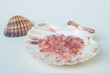 Pink sea salt in a white sea shell with another shell in the background, closeup