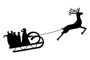 Santa Claus rides in a sleigh in harness on the reindeer