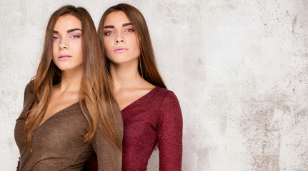 Beautiful sister twins posing in studio.