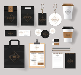 Fototapete - corporate branding identity mock up template for coffee shop and restaurant. with card, menu, packaging, vector 