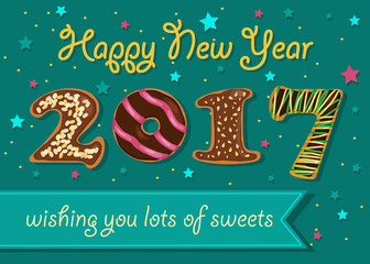 Happy New Year 2017. Chocolate donuts font