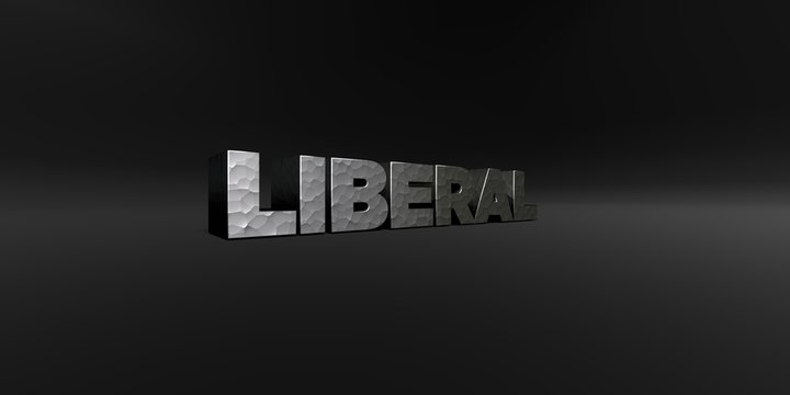 LIBERAL - hammered metal finish text on black studio - 3D rendered royalty free stock photo. This image can be used for an online website banner ad or a print postcard.