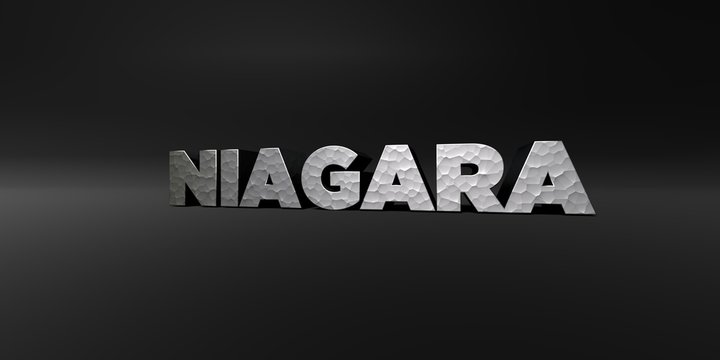 NIAGARA - hammered metal finish text on black studio - 3D rendered royalty free stock photo. This image can be used for an online website banner ad or a print postcard.