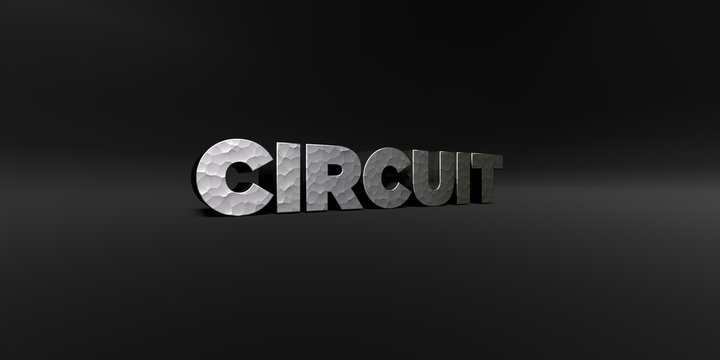 CIRCUIT - hammered metal finish text on black studio - 3D rendered royalty free stock photo. This image can be used for an online website banner ad or a print postcard.
