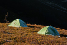 Two Green Frost Camping Tent On Sunlight Of Mountains.