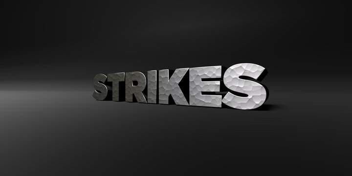 STRIKES - hammered metal finish text on black studio - 3D rendered royalty free stock photo. This image can be used for an online website banner ad or a print postcard.
