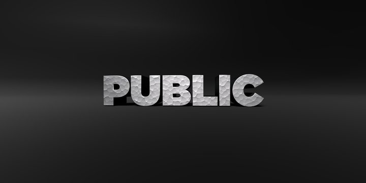 PUBLIC - hammered metal finish text on black studio - 3D rendered royalty free stock photo. This image can be used for an online website banner ad or a print postcard.