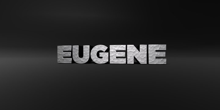 EUGENE - hammered metal finish text on black studio - 3D rendered royalty free stock photo. This image can be used for an online website banner ad or a print postcard.