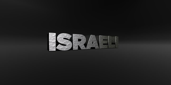 ISRAELI - hammered metal finish text on black studio - 3D rendered royalty free stock photo. This image can be used for an online website banner ad or a print postcard.