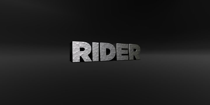 RIDER - hammered metal finish text on black studio - 3D rendered royalty free stock photo. This image can be used for an online website banner ad or a print postcard.