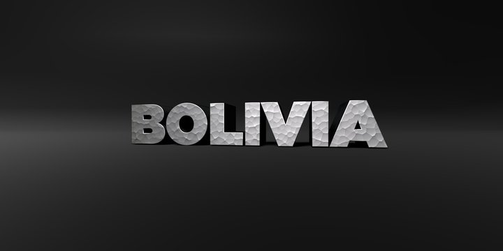 BOLIVIA - hammered metal finish text on black studio - 3D rendered royalty free stock photo. This image can be used for an online website banner ad or a print postcard.