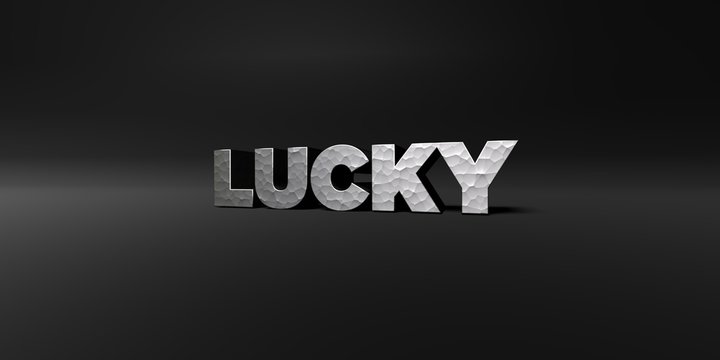 LUCKY - hammered metal finish text on black studio - 3D rendered royalty free stock photo. This image can be used for an online website banner ad or a print postcard.