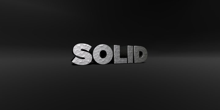 SOLID - hammered metal finish text on black studio - 3D rendered royalty free stock photo. This image can be used for an online website banner ad or a print postcard.