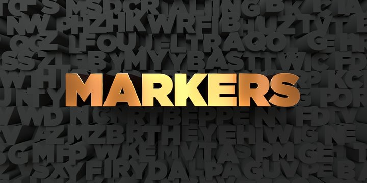 Markers - Gold text on black background - 3D rendered royalty free stock picture. This image can be used for an online website banner ad or a print postcard.
