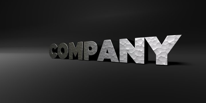 COMPANY - hammered metal finish text on black studio - 3D rendered royalty free stock photo. This image can be used for an online website banner ad or a print postcard.