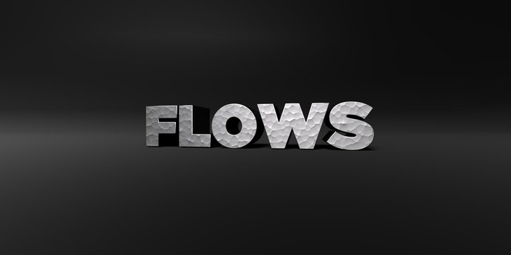 FLOWS - hammered metal finish text on black studio - 3D rendered royalty free stock photo. This image can be used for an online website banner ad or a print postcard.