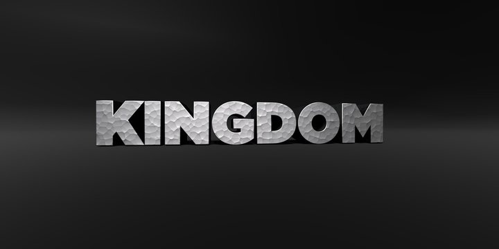 KINGDOM - hammered metal finish text on black studio - 3D rendered royalty free stock photo. This image can be used for an online website banner ad or a print postcard.