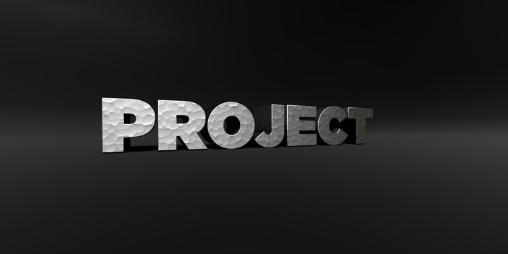 PROJECT - hammered metal finish text on black studio - 3D rendered royalty free stock photo. This image can be used for an online website banner ad or a print postcard.