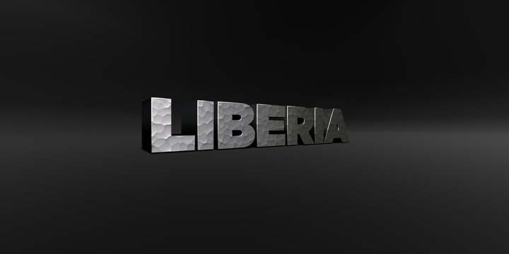 LIBERIA - hammered metal finish text on black studio - 3D rendered royalty free stock photo. This image can be used for an online website banner ad or a print postcard.
