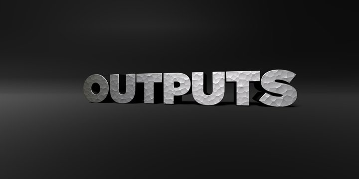 OUTPUTS - hammered metal finish text on black studio - 3D rendered royalty free stock photo. This image can be used for an online website banner ad or a print postcard.